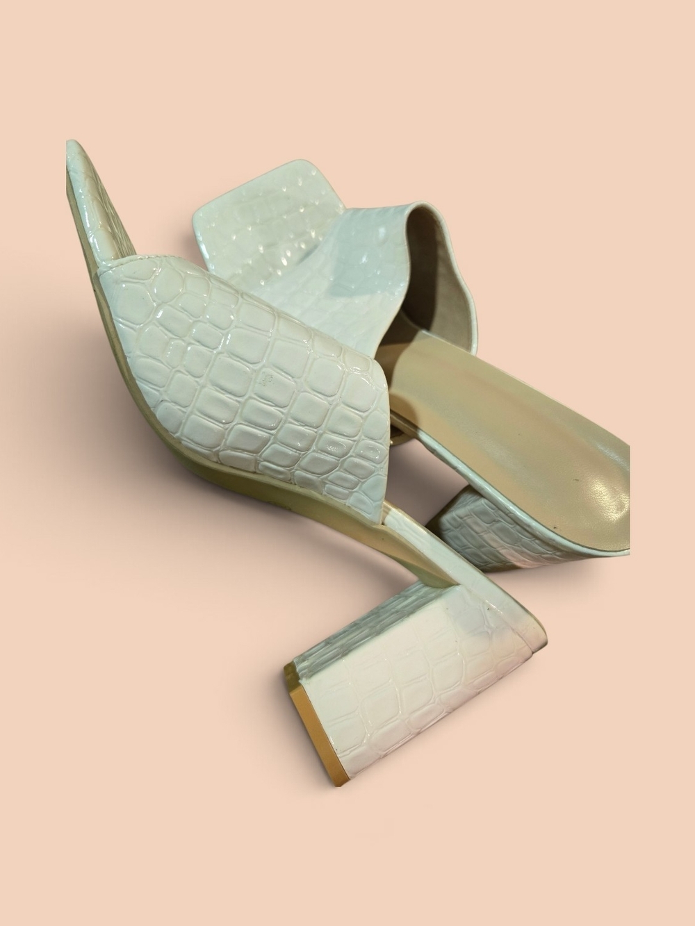Croc-Embossed White Block Heel Mules
